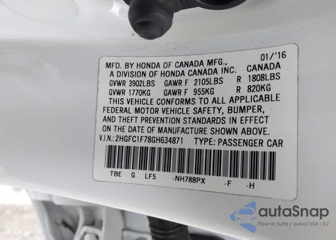 2016 Honda Civic Ex-L from USA, damaged, VIN 2HGFC1F78GH634871